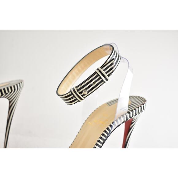 Christian Louboutin Jonatina 100 Black White Stripes Patent Sandal Heel Pump 37 - Picture 6 of 12